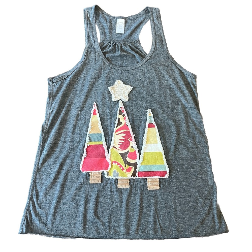 Lost Petal Linens Tank Womens Size L Gray Christmas Tree Racerback Colorful Star